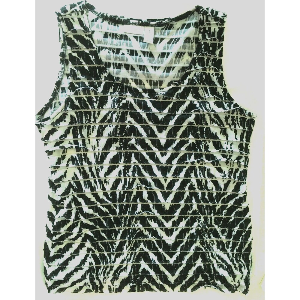 CHICO'S sz 1 sz M Stretch White Black Animal Print Tiered Sleeveless Top - Picture 1 of 3
